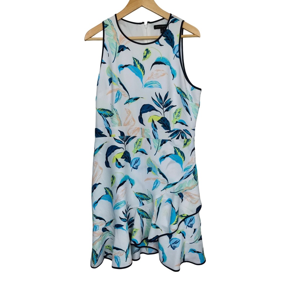 Banana Republic Tropical Leaf Print Ruffle Hem Dress Blue Green Size 12
